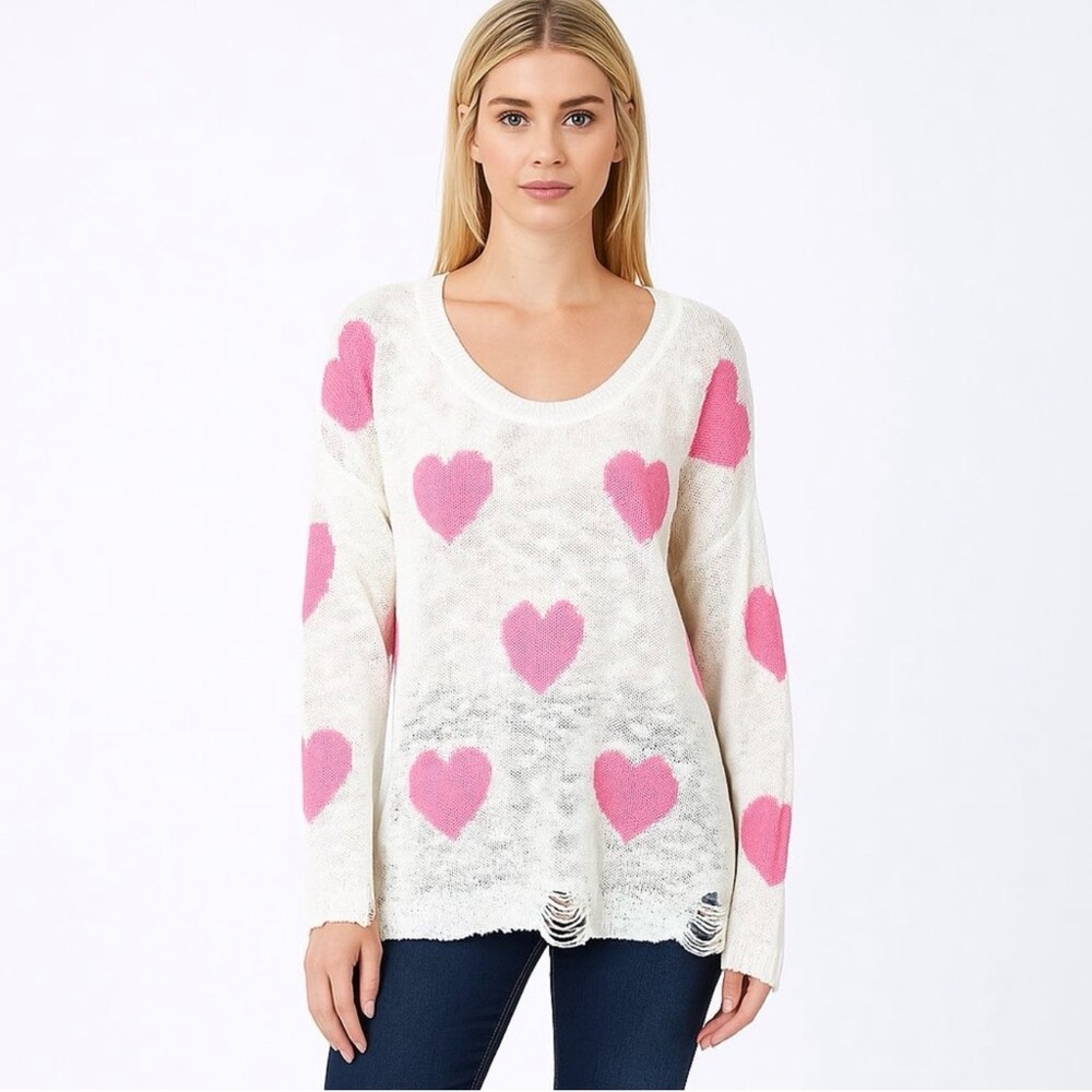 143 Story Pink Heart Distressed Knit Sweater Women’s Small
